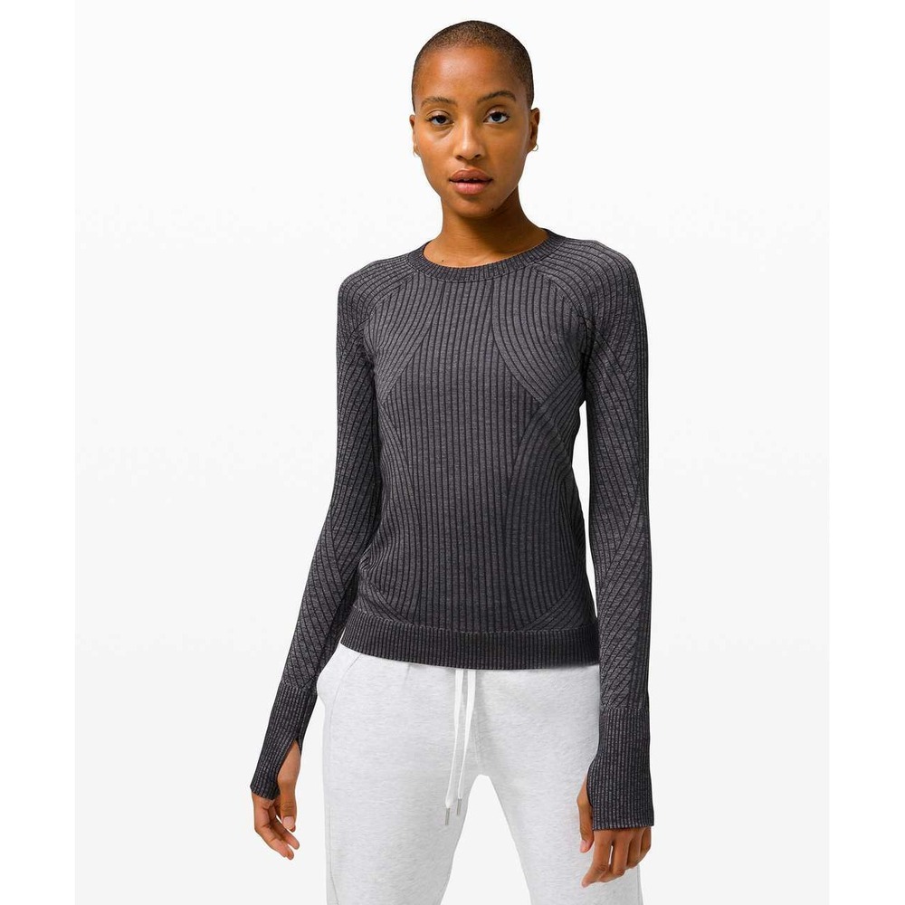 Lululemon Rest Less Pullover 8 Gray Gorpcore Ribbed Knitโ Thumbhole Top Gym
